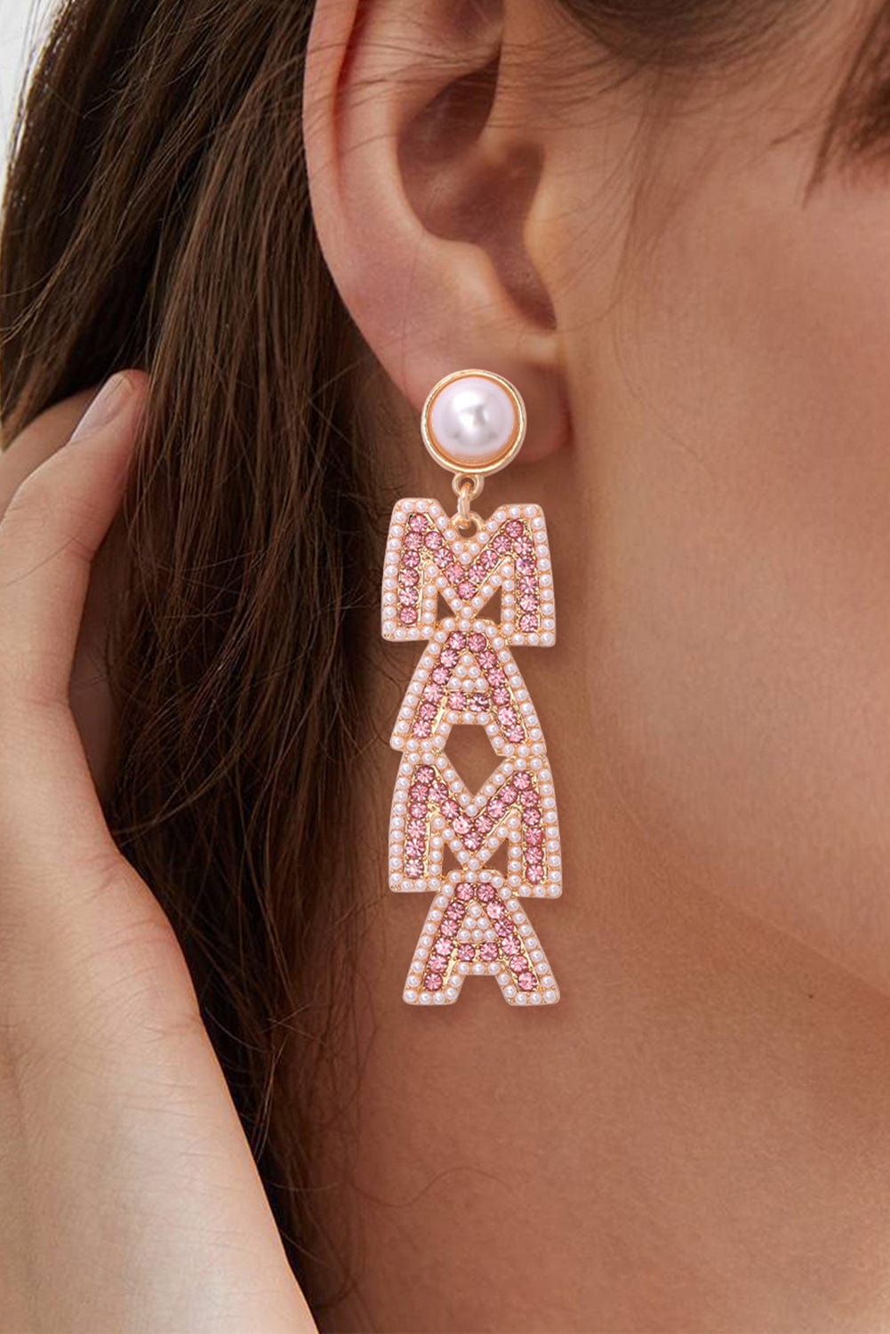 Apricot Pink MAMA Rhinestone Pearl Letter Stud Earrings