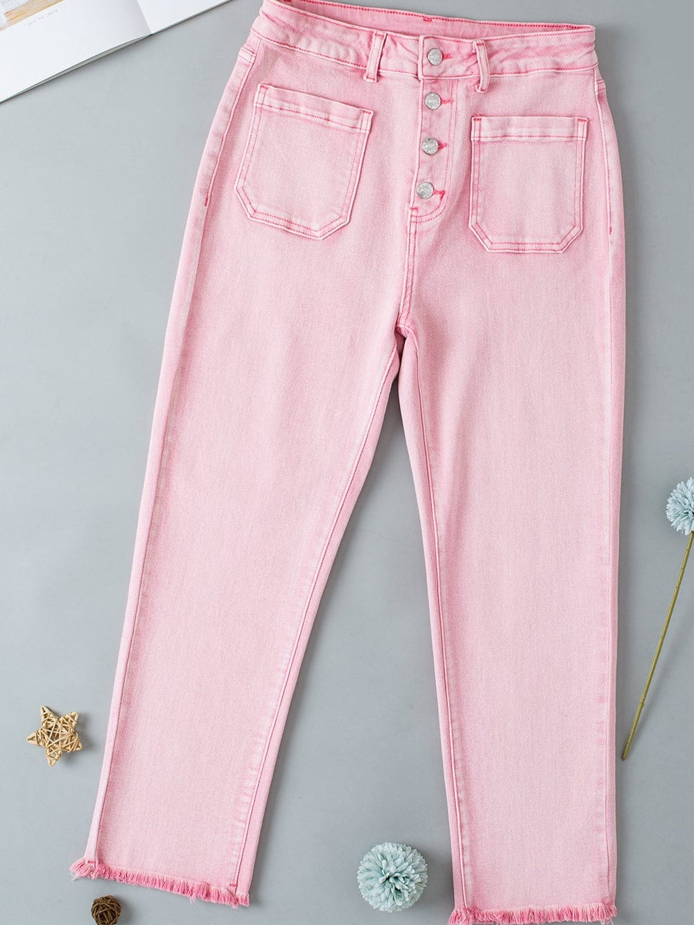 Apricot Pink Mid-Waist Flare Crop Jeans with Button Closure