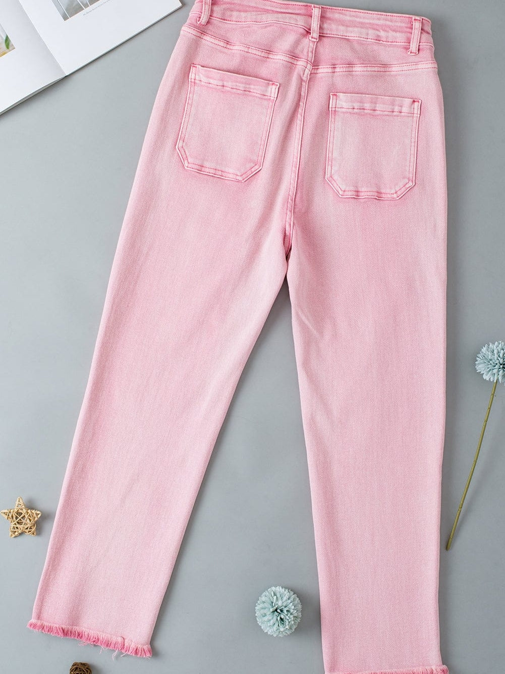 Apricot Pink Mid-Waist Flare Crop Jeans with Button Closure