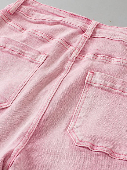 Apricot Pink Mid-Waist Flare Crop Jeans with Button Closure