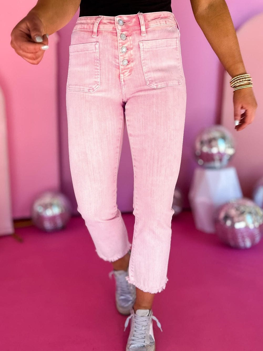 Apricot Pink Mid-Waist Flare Crop Jeans with Button Closure