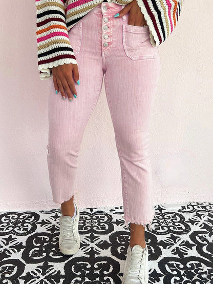 Apricot Pink Mid-Waist Flare Crop Jeans with Button Closure