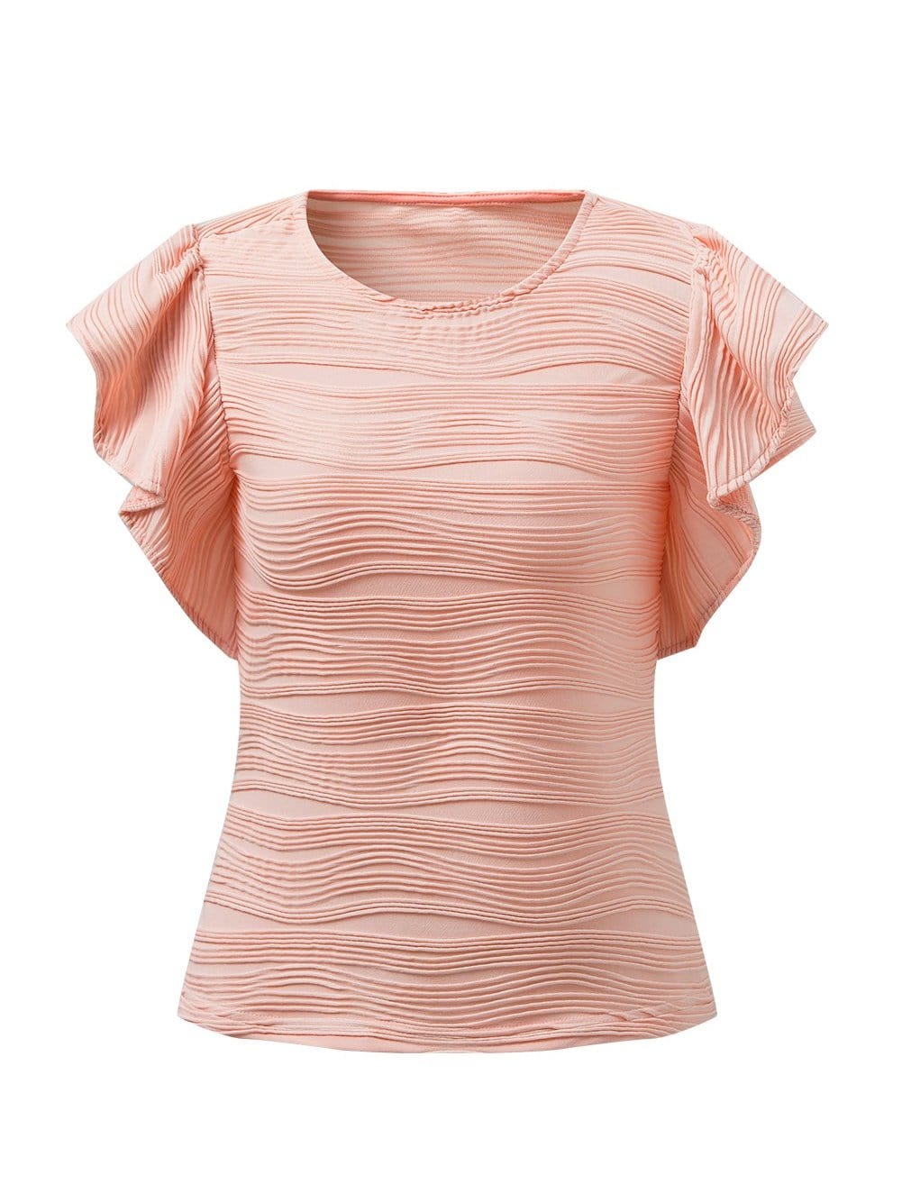 Apricot Pink Ruffle Sleeve Textured Top with Wavy Detail
