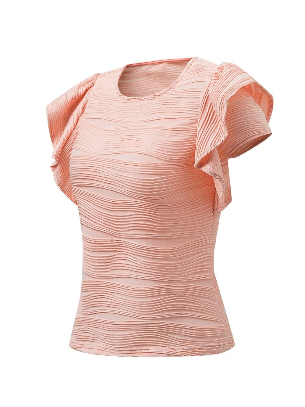 Apricot Pink Ruffle Sleeve Textured Top with Wavy Detail