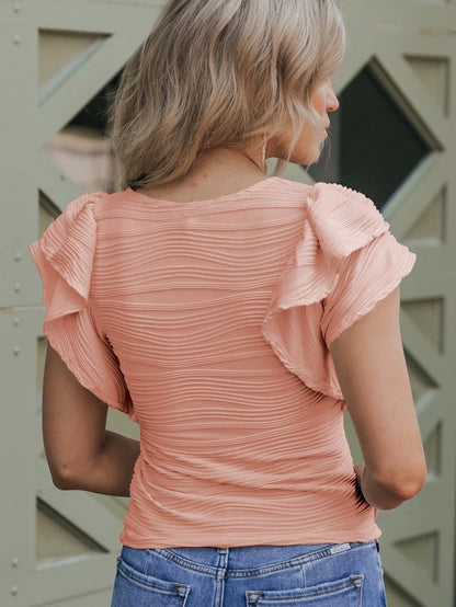 Apricot Pink Ruffle Sleeve Textured Top with Wavy Detail