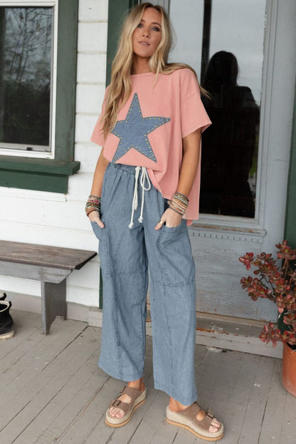 Apricot Pink Star Patch Graphic Tee with Studded Detail