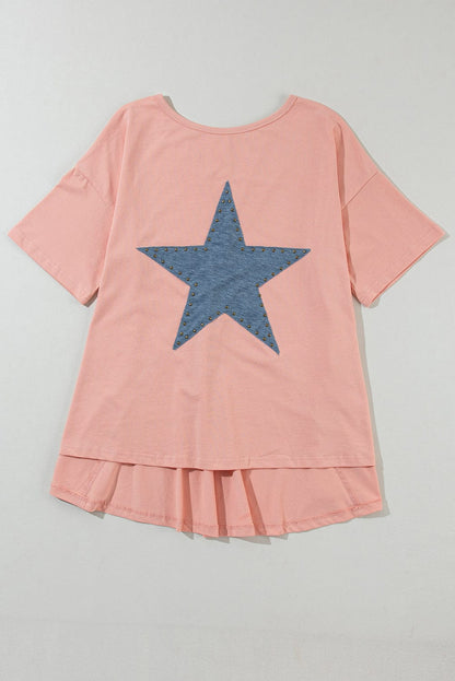 Apricot Pink Star Patch Graphic Tee with Studded Detail