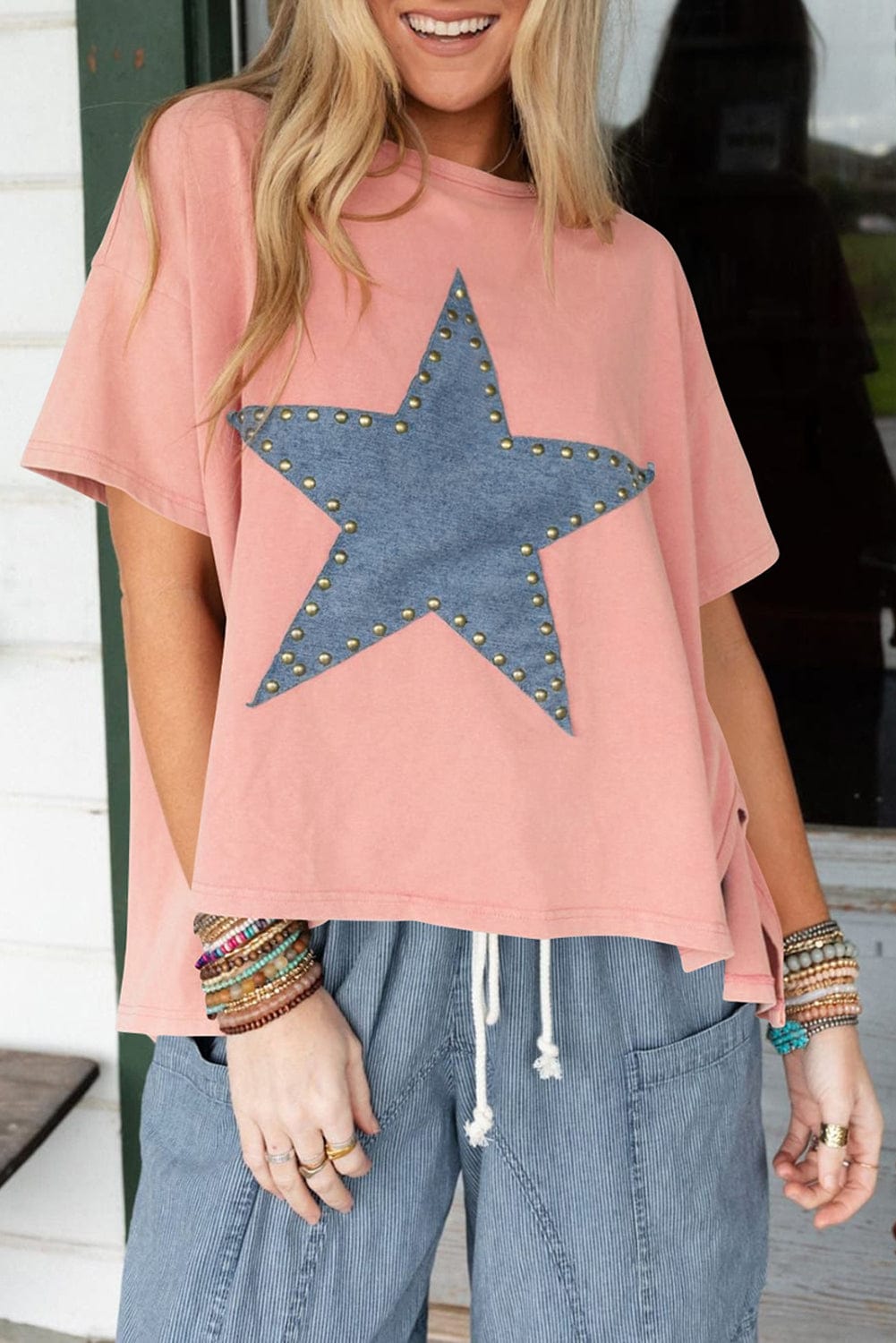 Apricot Pink Star Patch Graphic Tee with Studded Detail