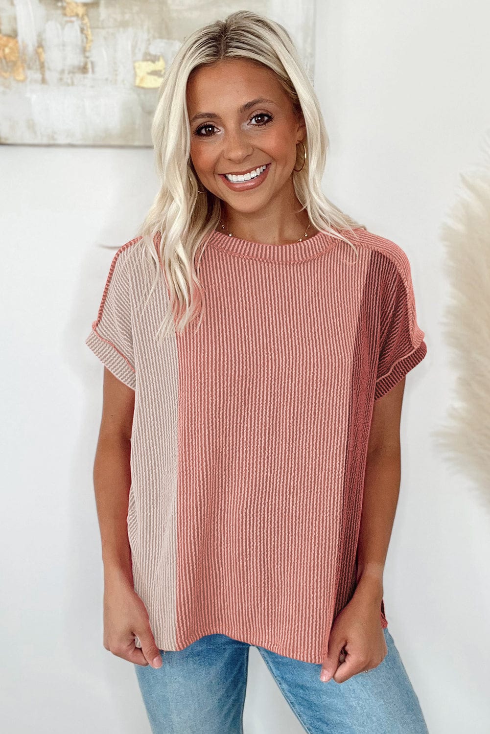 Apricot Pink Textured Colorblock Crew Neck Short Sleeve T-shirt