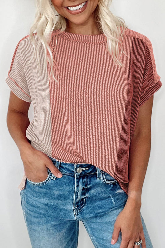 Apricot Pink Textured Colorblock Crew Neck Short Sleeve T-shirt
