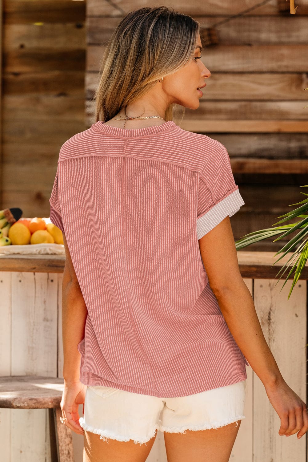 Apricot Pink Textured Colorblock Crew Neck Short Sleeve T-shirt