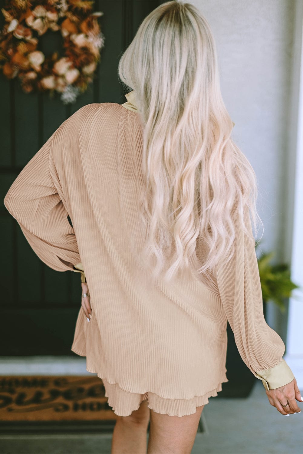 Apricot Pleated Long Sleeve Shirt and Shorts Cozy Lounge Set