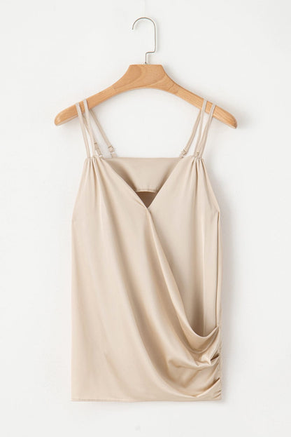 Apricot Pleated V Neck Satin Tank Top