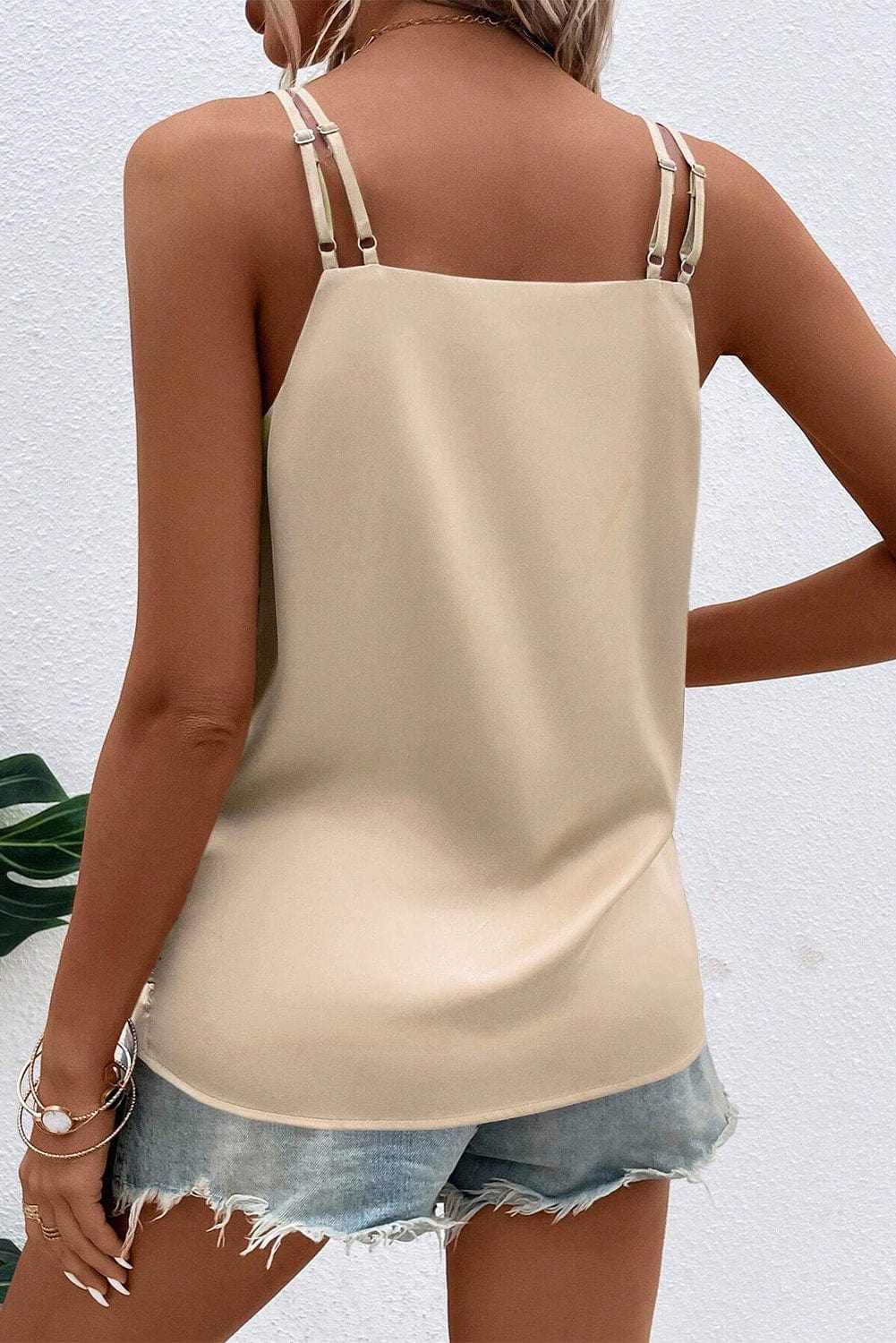 Apricot Pleated V Neck Satin Tank Top