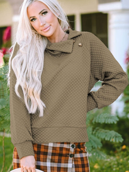 Apricot Quilted Stand Neck Button Detail Pullover Sweatshirt