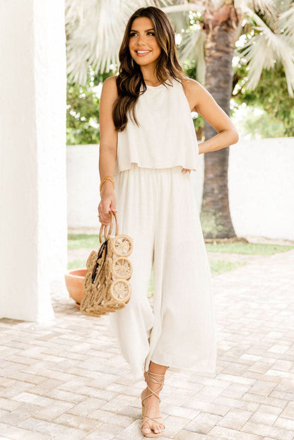 Apricot Round Neck Sleeveless Wide Leg Jumpsuit