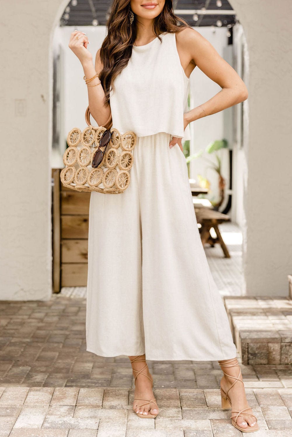 Apricot Round Neck Sleeveless Wide Leg Jumpsuit