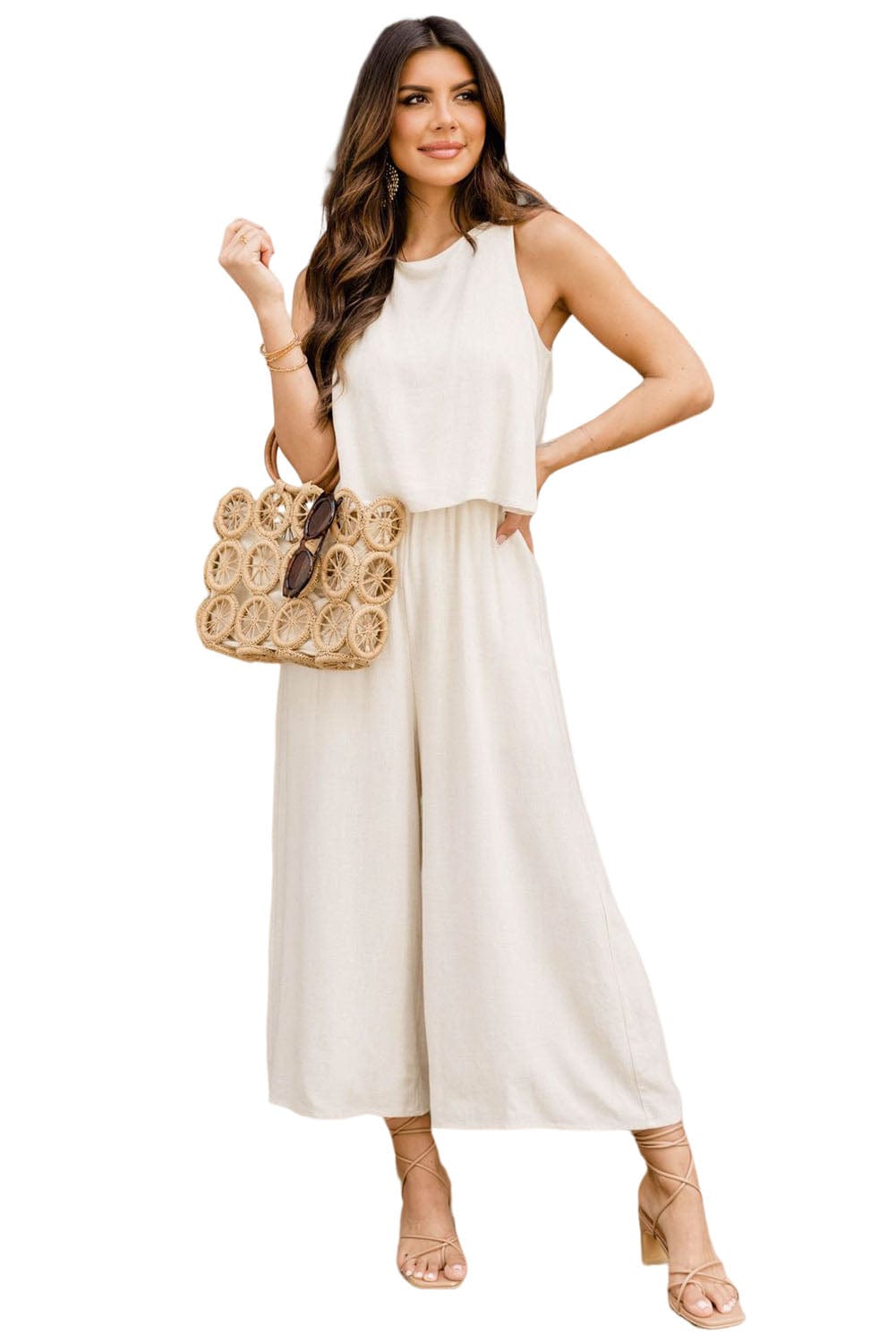 Apricot Round Neck Sleeveless Wide Leg Jumpsuit