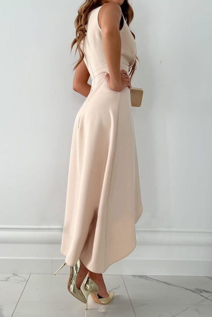 Apricot Ruffle Midi Dress with V Neckline Slit