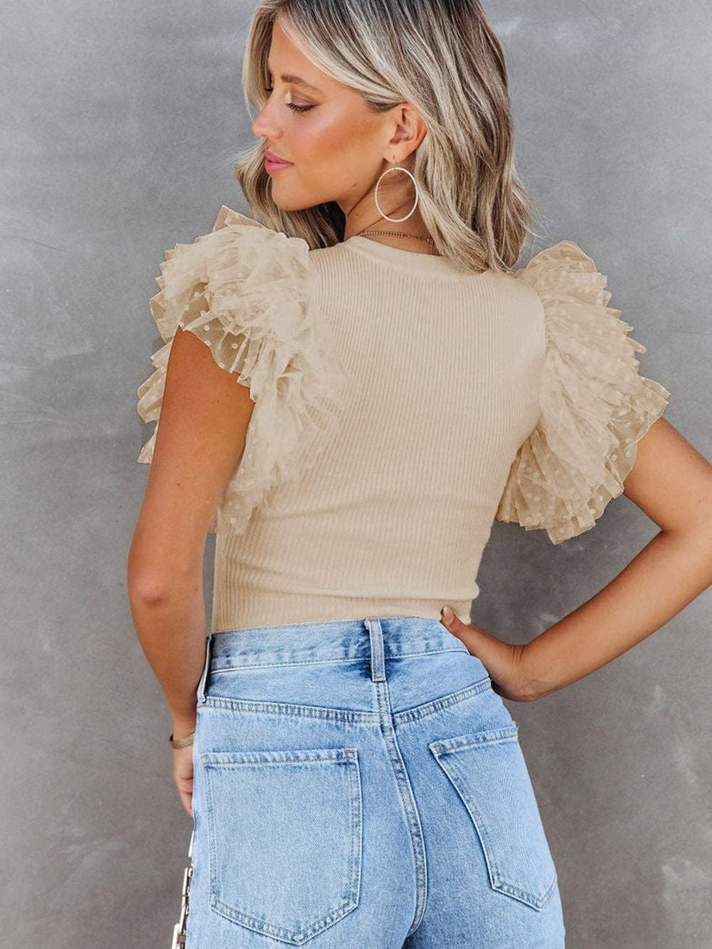 Apricot Sheer Mesh Ruffle Sleeve Top with Ribbed Detail