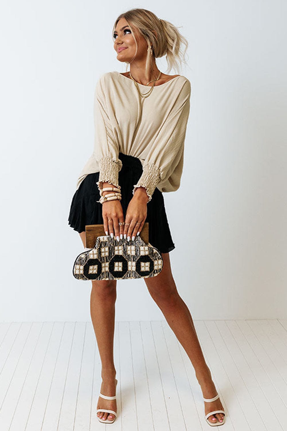 Apricot Smocked Cuff Shift Blouse