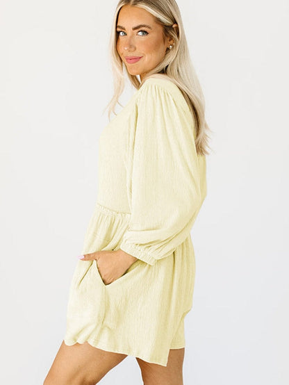 Apricot Solid Color High Waist Long Sleeve Romper