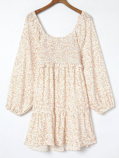 Apricot Square Neck Boho Smocked Puff Sleeve Mini Dress