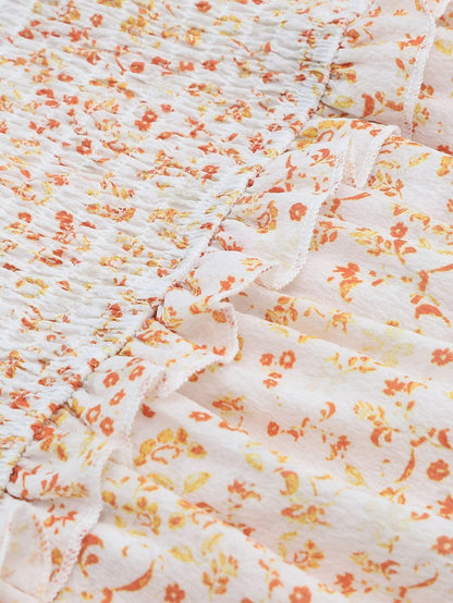 Apricot Square Neck Boho Smocked Puff Sleeve Mini Dress