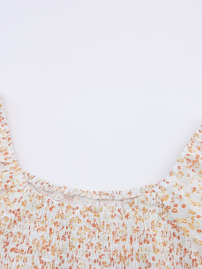 Apricot Square Neck Boho Smocked Puff Sleeve Mini Dress