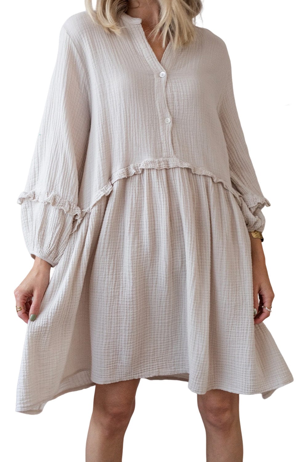 Apricot Textured Swing Dress with Button Detail