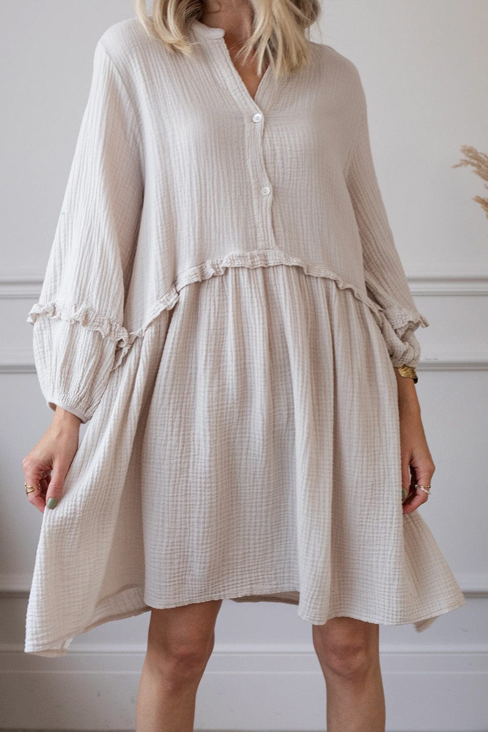 Apricot Textured Swing Dress with Button Detail