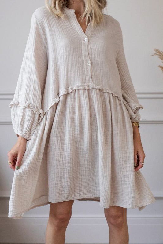 Apricot Textured Swing Dress with Button Detail