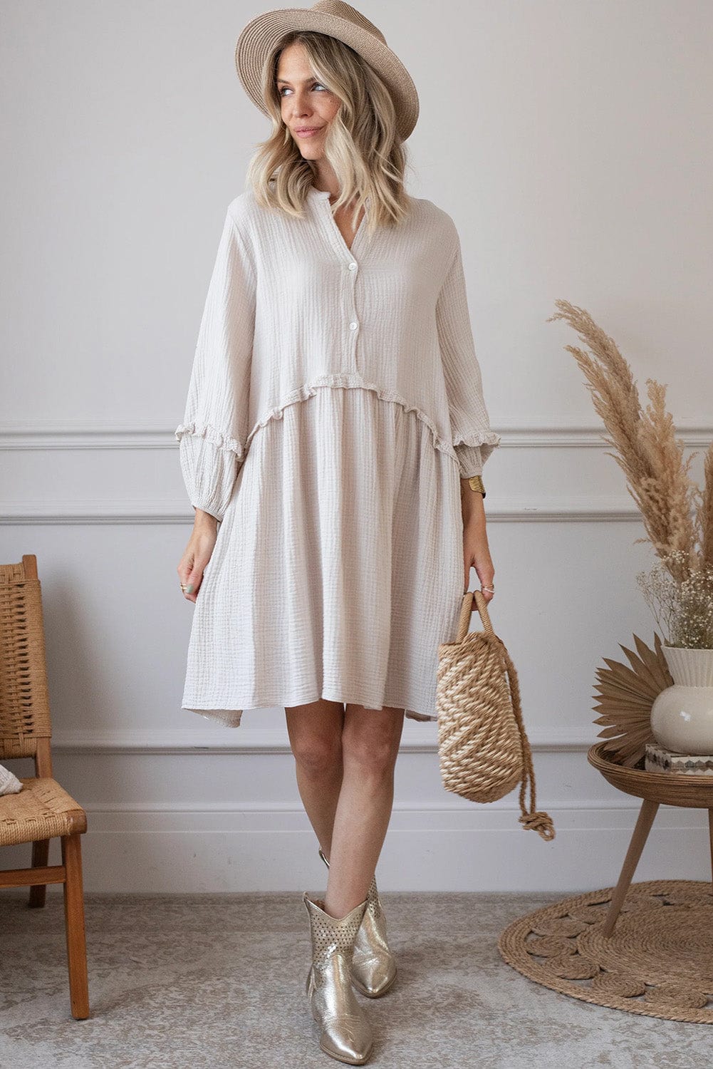 Apricot Textured Swing Dress with Button Detail