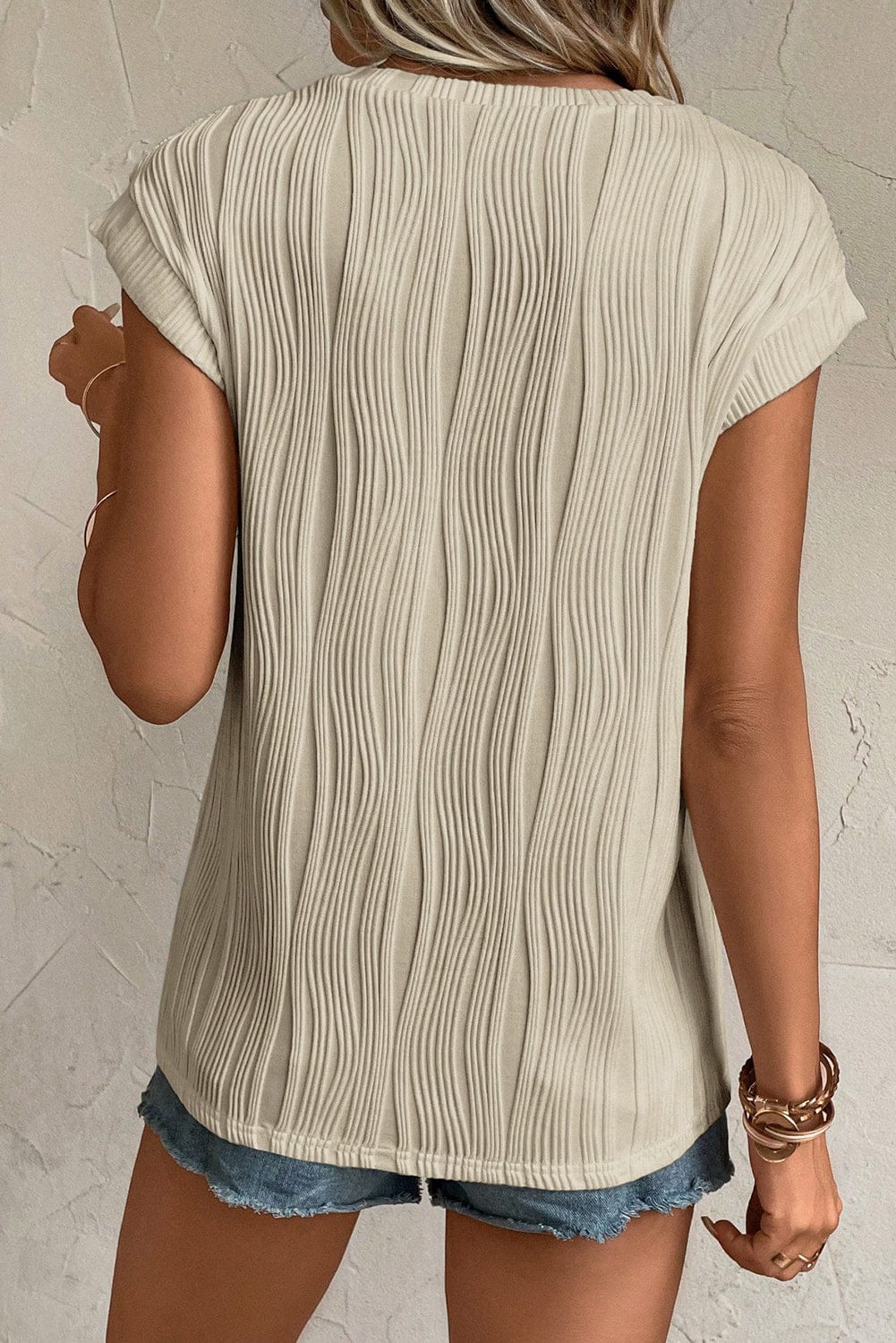 Apricot Textured Wave Detail Short Sleeve Blouse