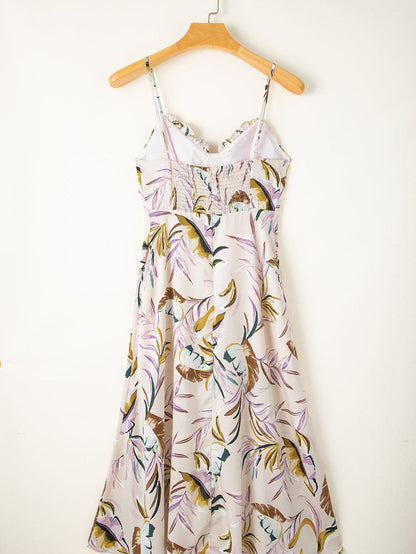 Apricot Tropical Print Spaghetti Strap Cupped Summer Dress