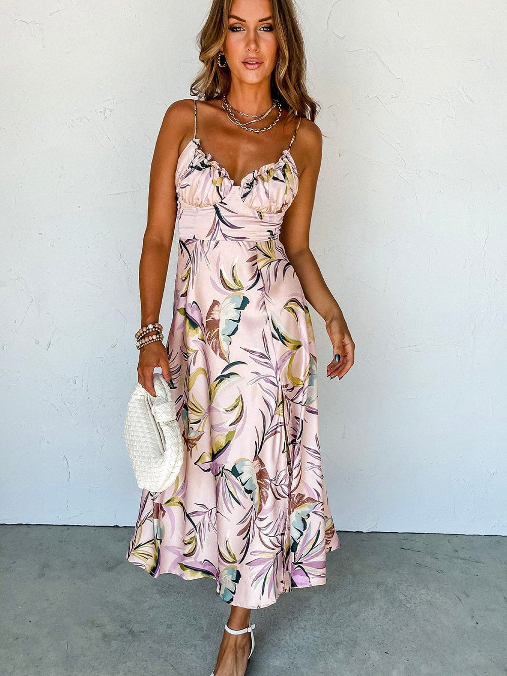 Apricot Tropical Print Spaghetti Strap Cupped Summer Dress