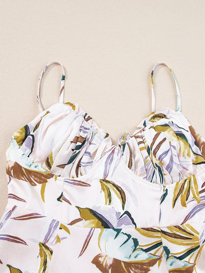 Apricot Tropical Print Spaghetti Strap Cupped Summer Dress