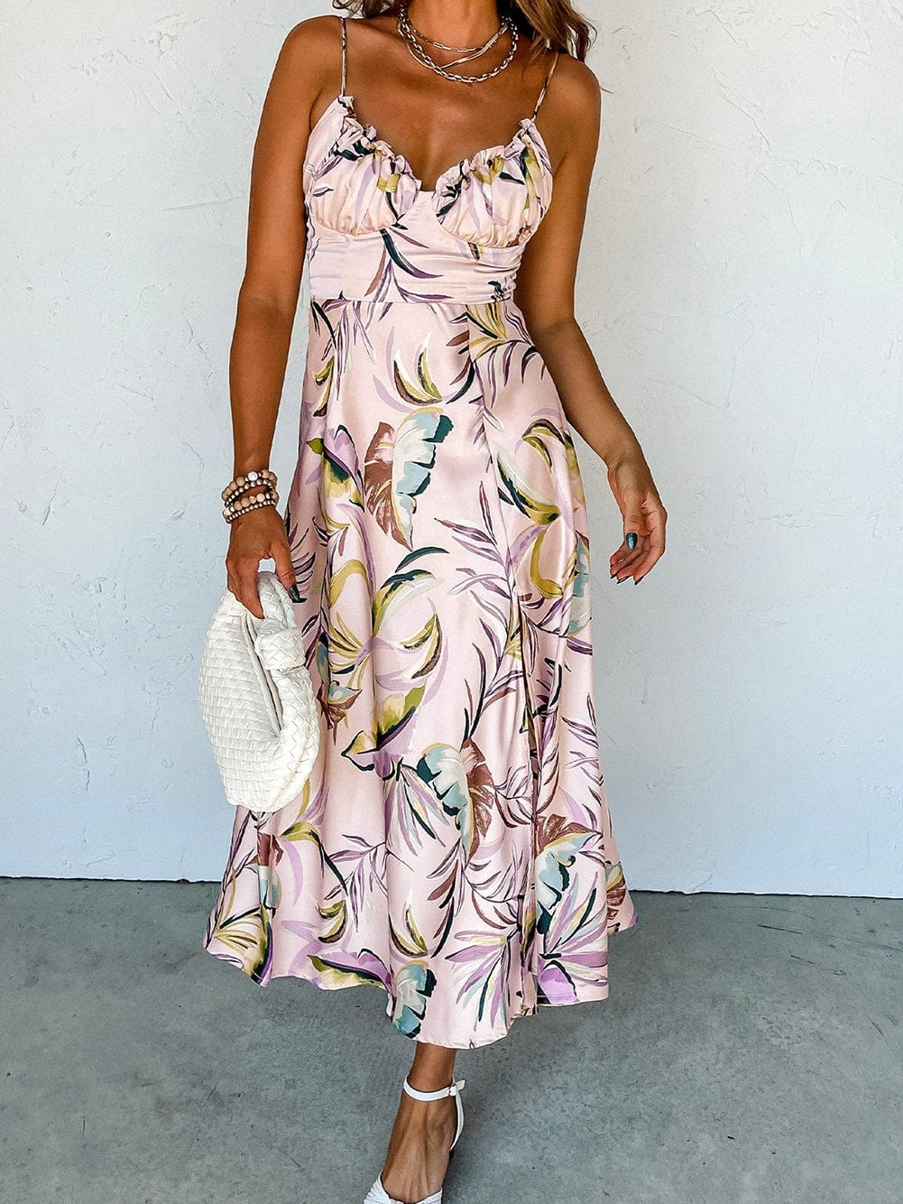 Apricot Tropical Print Spaghetti Strap Cupped Summer Dress