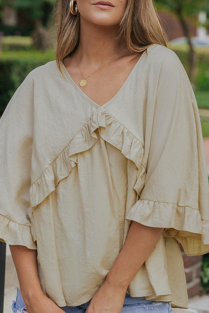 Apricot V Neck Batwing Sleeve Ruffle Blouse with Elegant Draping