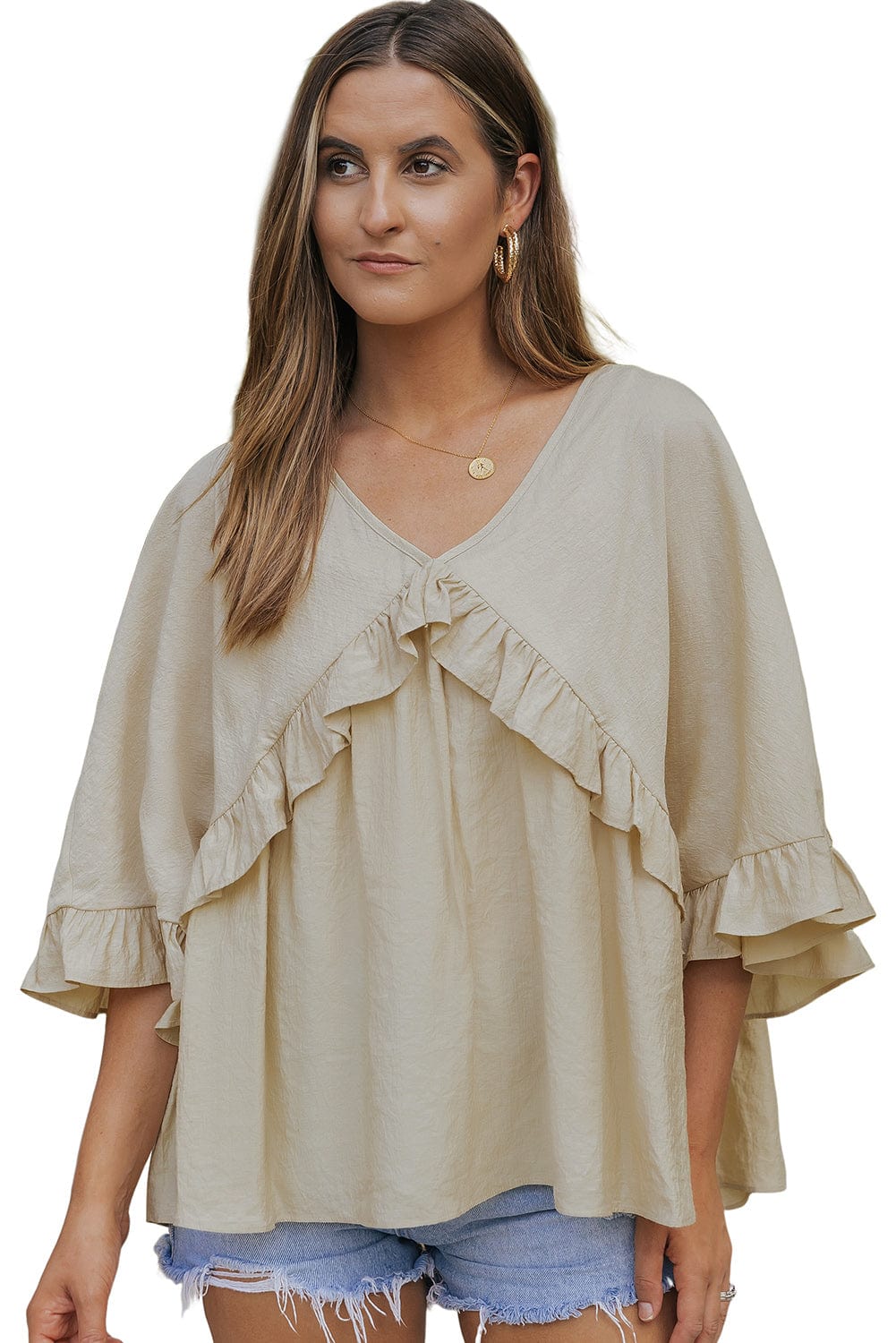 Apricot V Neck Batwing Sleeve Ruffle Blouse with Elegant Draping