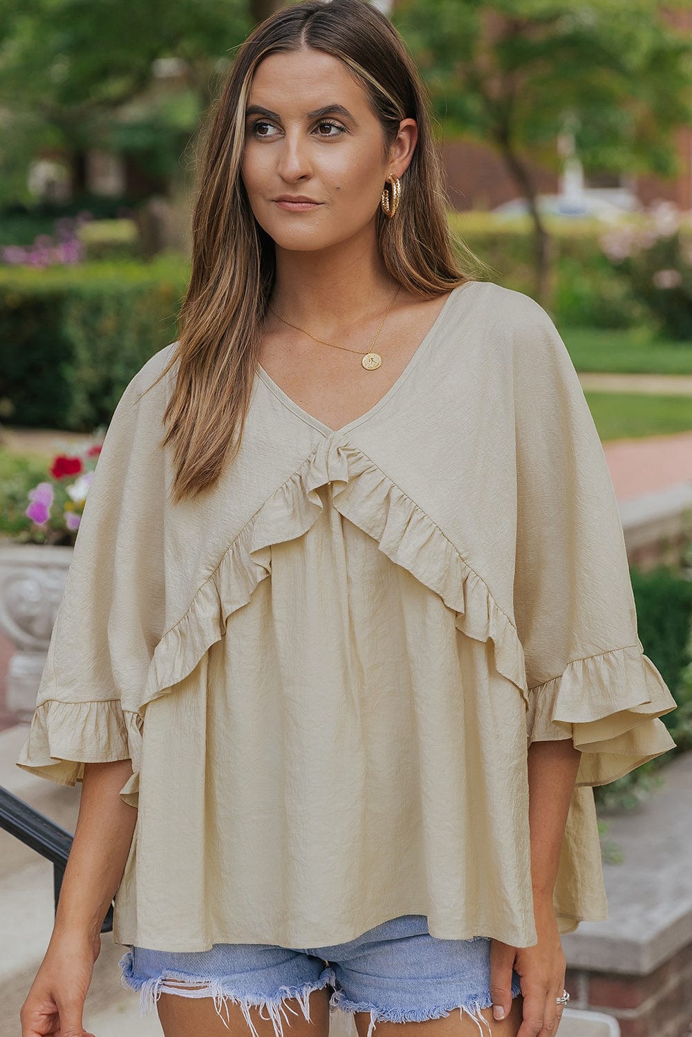 Apricot V Neck Batwing Sleeve Ruffle Blouse with Elegant Draping
