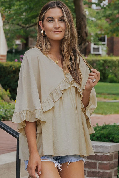 Apricot V Neck Batwing Sleeve Ruffle Blouse with Elegant Draping
