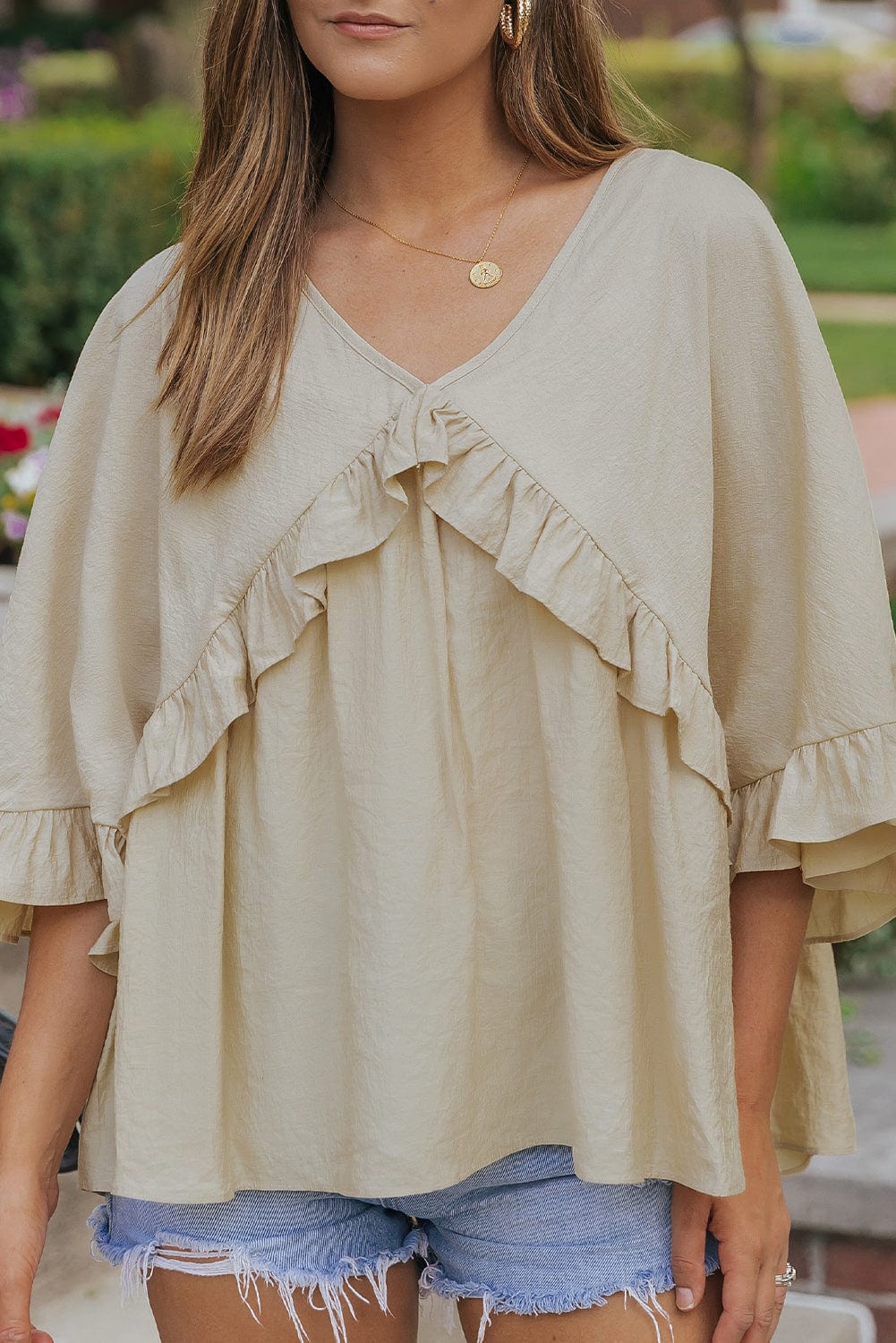 Apricot V Neck Batwing Sleeve Ruffle Blouse with Elegant Draping