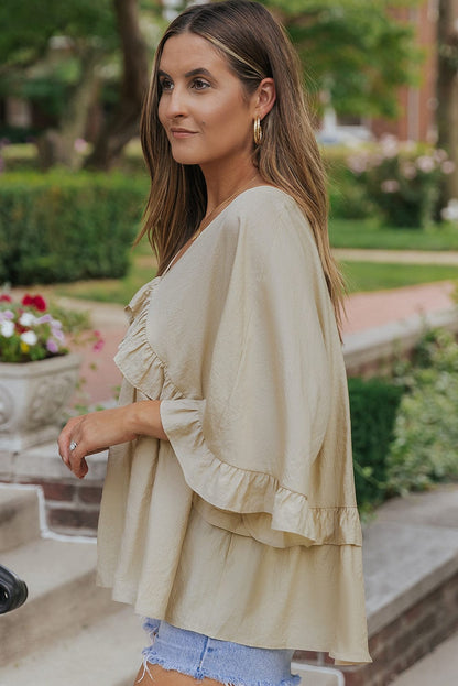 Apricot V Neck Batwing Sleeve Ruffle Blouse with Elegant Draping
