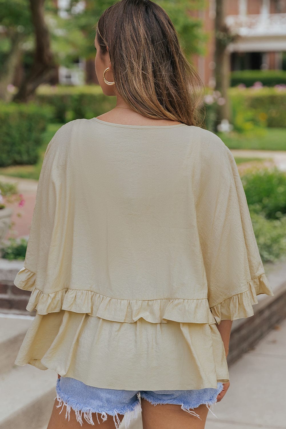 Apricot V Neck Batwing Sleeve Ruffle Blouse with Elegant Draping