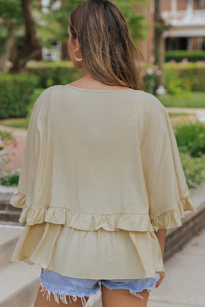 Apricot V Neck Batwing Sleeve Ruffle Blouse with Elegant Draping
