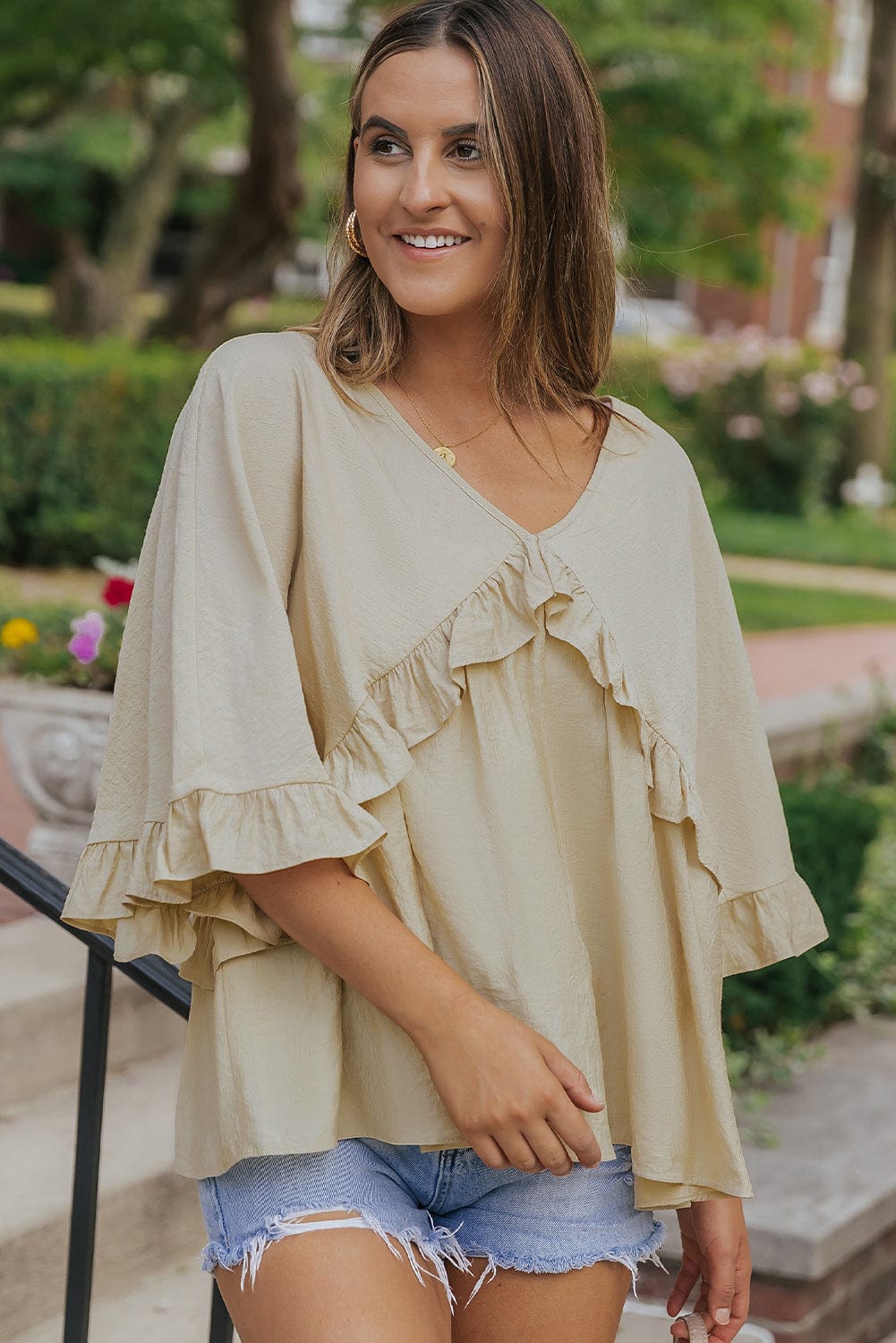 Apricot V Neck Batwing Sleeve Ruffle Blouse with Elegant Draping