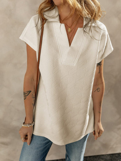 Apricot V Neck Textured Collared Top with Short Sleeves