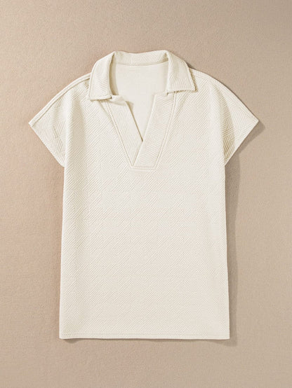 Apricot V Neck Textured Collared Top with Short Sleeves