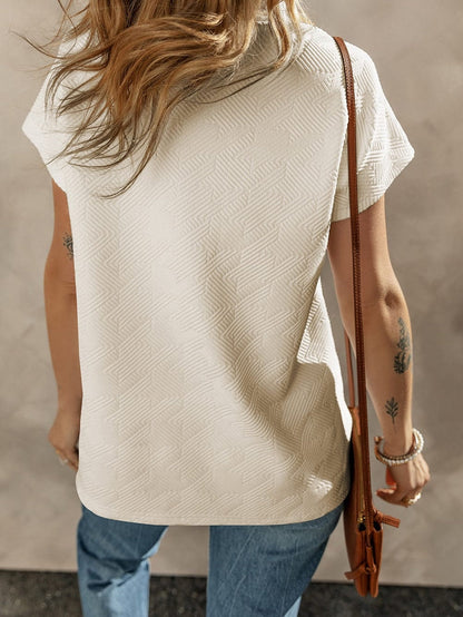 Apricot V Neck Textured Collared Top with Short Sleeves